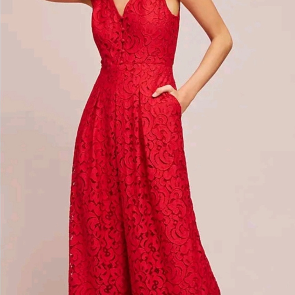 Anthropologie Red Brocade jumpsuit